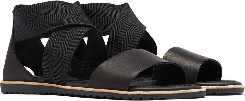 Sorel Ella II Womens Flat Sandals USA 9 EUR 40 Leather Black Cross Strap Logo
